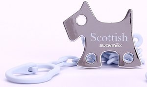 Klip na dudlík s řetízkem ve stylu brože SUAVINEX - Scottish - modrý s pejsek