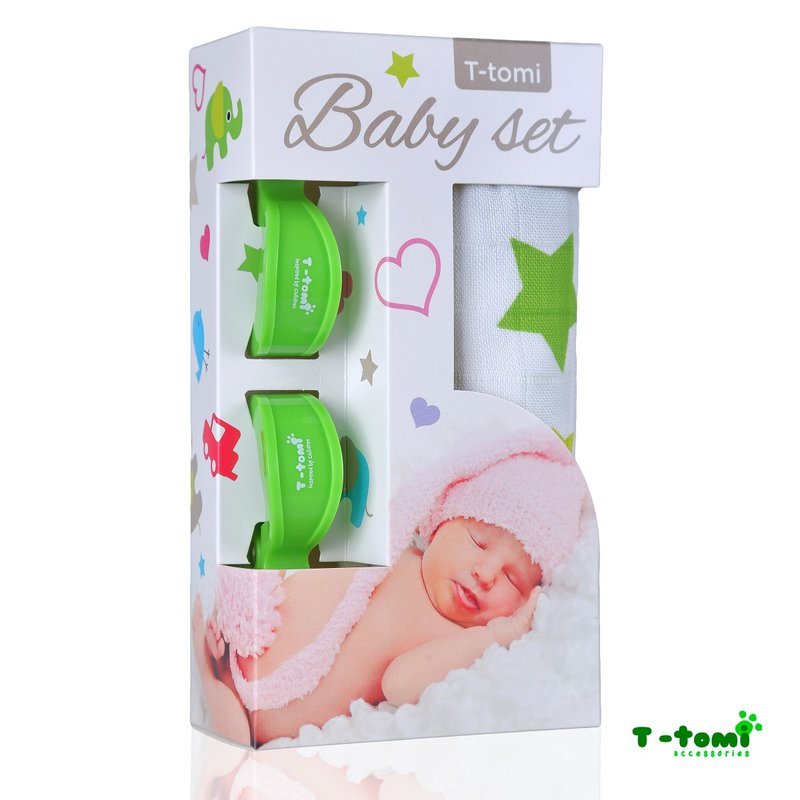 T-tomi Baby set - bambusová osuška zelené hvězdičky + kočárkový kolíček zelený -