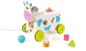 Dřevěná tahací hračka kravička s vkládacími tvary, Scratch